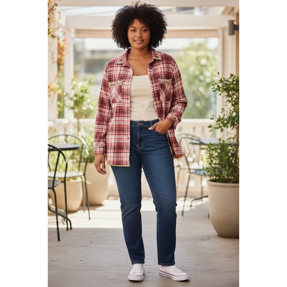 women's 100% Organic Cotton Plaid Shirt 3X Pink Floral Embroidery - Picture 1 of 9